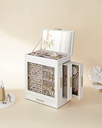 SONGMICS Jewelry Box with Glass Window, 5-Layer Jewelry Organizer with 3 Side Drawers, Jewelry Storage, with Vertical Storage Space, Big Mirror, Modern Style, Cloud White and Gold Color UJBC162W01