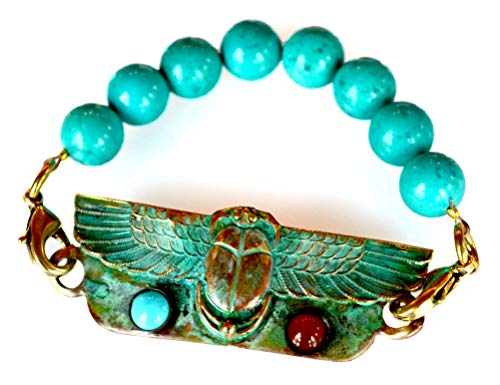 Elaine Coyne Wearable Art Verdigris Patina Brass Egyptian Winged Scarab Rockband Bracelet - Carnelian,Turquoise - Medium