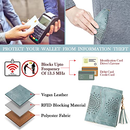 APHISON Small Wallet for Women, Sunflower RFID Wallet Women Leather Womens Wallet Cute Compact Bifold Wallets Zipper Tassel Coin Purse ID Card Holder Blue