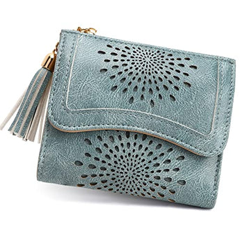 APHISON Small Wallet for Women, Sunflower RFID Wallet Women Leather Womens Wallet Cute Compact Bifold Wallets Zipper Tassel Coin Purse ID Card Holder Blue