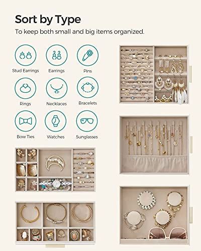 SONGMICS Jewelry Box with Glass Window, 5-Layer Jewelry Organizer with 3 Side Drawers, Jewelry Storage, with Vertical Storage Space, Big Mirror, Modern Style, Cloud White and Gold Color UJBC162W01