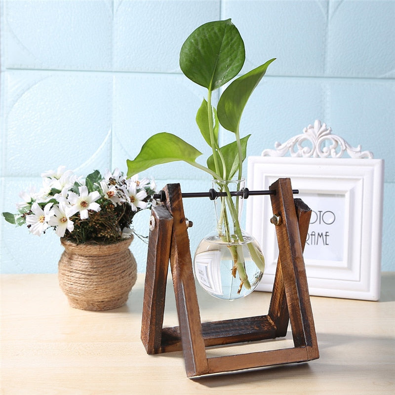 glass hydroponic plant vases Glass and Wood Vase Planter Terrarium Table Desktop Hydroponics Plant