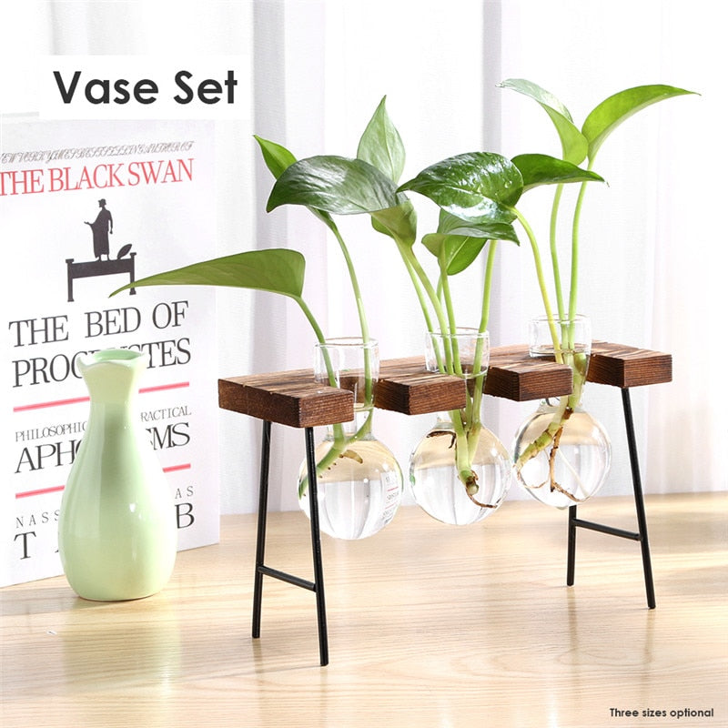 hydroponic glass planter Glass and Wood Vase Planter Terrarium Table Desktop Hydroponics Plant