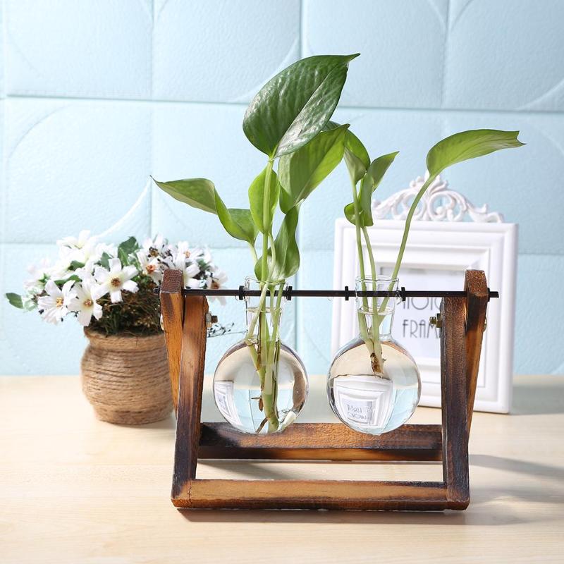 glass hydroponic plant vases Glass and Wood Vase Planter Terrarium Table Desktop Hydroponics Plant – Vedazzling Accessories